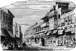 An illustration of a market place in Bombay, India.