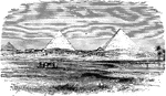 An illustration of the Egyptian landscape with three pyramids in the distance.