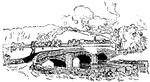 An illustration of a simple arch bridge spanning a small river.