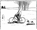 An illustration of a man riding a bicycle with a dog running behind.