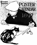 An illustration of the cover of a poster calendar from 1897 with a man smoking a pipe and painting.