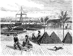 An illustration of the ordinance dock located in the Brooklyn Shipyard. To the bottom right of the illustration notice the stacks of cannons and at the top right, parts of ships laid out on the ground.