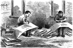 An illustration of two men sewing sails for a sailboat.