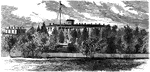 An illustration of the Marine Hospital located a the Brooklyn Navy-Yard.