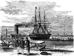 An illustration of a wind powered ship docked.