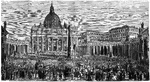 An illustration of the exterior of both the Basilica of Saint Peter and the Vatican. The Basilica of St. Peter is one of four major basilicas of Rome, the others being the Basilica of St. John Lateran, Santa Maria Maggiore and St. Paul outside the Walls. It is the most prominent building inside the Vatican City. Its dome is a dominant feature of the skyline of Rome. Probably the largest church in Christianity, it covers an area of 2.3 hectares (5.7 acres) and has a capacity of over 60,000 people.