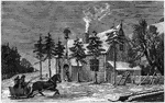 An illustration of a house located in a remote area. The illustration shows a man standing in front of the home's door with a man and woman arriving in a sleigh.