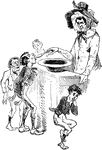 An illustration of the literary character Oliver Twist being fed porridge.
