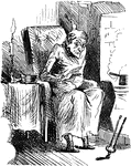 An illustration of an elderly man sitting huddled in his chair next to a fire.