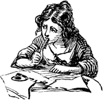 An illustration of a young girl with her pen rested against her face.