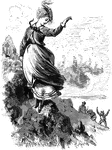 An illustration of a woman standing on the top of a mountain waving below at three men.