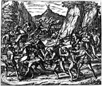 A drawing portraying the murder and mutilation of the natives of Cuba by the Spaniards.