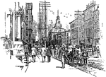 A drawing of a busy business street in Detroit in 1899.
