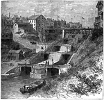 A drawing of the locks, used for raising and lowering boats, on the Erie Canal.