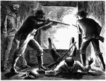 An illustration of men shooting outside of a window.