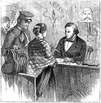 An illustration of a woman exchanging her gold for American currency.