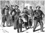 An illustration of a group of immigrants walking together.
