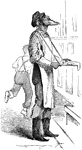 An illustration of a male waiter holing a tray attached to a string around his neck.