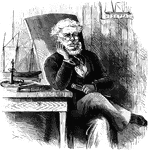 An illustration of a man sitting in a chair holding a small telescope.