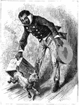 An illustration of a man holding a tambourine and playing with a dog.