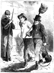An illustration of two prisoners with chains around their ankles walking past an armed guard.