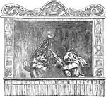 An illustration of the Punch and Judy Show, including Punch, Judy and their child.