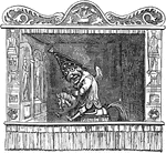 An illustration of the Punch and Judy Show, where Punch is riding his steed.