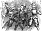 An illustration of two guards escorting a man by the collar.