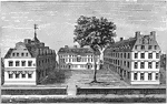 A drawing of Harvard College in 1720.