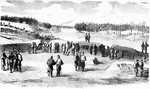 Groups of people gathered on the shores of a river.