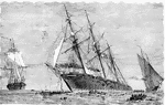 The sinking of the Alabama by the Union Kearsarge. Some Confederates aboard the Alabama escaped to England aboard the nearby British yacht Deerhound.