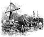 An illustration of a dredging boat (right) and a derrick (left). A derrick is a lifting device composed of one mast or pole which is hinged freely at the bottom. It is controlled by lines (usually four of them) powered by some means such as man-hauling or motors, so that the pole can move in all four directions.