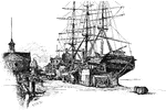 An illustration of a wind powered ship docked.