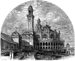 An illustration of the original Trocadero Palace. For the 1878 World's Fair, the Palais du Trocadéro was built here (where meetings of international organizations could be held during the fair). The palace's form was that of a large concert hall with two wings and two towers; its style was a mixture of exotic and historical references, generally called "Moorish" but with some Byzantine elements. The architect was Gabriel Davioud. The concert hall contained a large organ built by Aristide Cavaillé-Coll, the first large organ to be installed in a concert hall in France. It was removed to a hall in Lyon and subsequently destroyed by fire. The building proved unpopular, though the cost expended in its construction delayed its replacement for nearly fifty years.