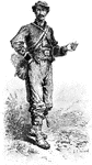 An illustration of a soldier in dressed in full uniform smoking a cigarette.