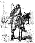 An illustration of a man riding a mule.