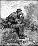 An illustration of a soldier sitting on a rock eating a fresh ear of corn.