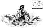 An illustration of a Brazilian woman crouching in front of small stand with a bowl atop.