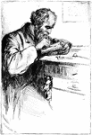 An illustration of a man etching an image at a work bench.