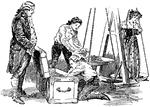 A scene from Hawthorne's "Grandfather's Chair." A young girl is on a large scale, being weighed for her portion in silver.