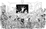 An illustration of a schoolhouse filled with unruly students.