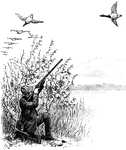 An illustration of a man on one knee preparing to shoot a geese that is flying overhead.