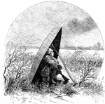 An illustration of a man sitting underneath a boat propped up with an oar while it is raining.