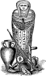 An illustration of a mummy coffin. The mummy was typically wrapped in linen and placed many nesting coffins and then finally a sarcophagus.
