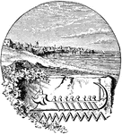 An illustration of an Egyptian hieroglyphic next to the shore of a river.
