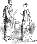 An illustration of a man and woman standing in typical Roman clothing. Clothing in ancient Rome generally consisted of the toga, the stola, brooches for these, and breeches. The toga, a distinctive garment of Ancient Rome, was a sash of perhaps twenty feet (6 meters) in length which was wrapped around the body and was generally worn over a tunic. The stola was the traditional garment of Roman women, corresponding to the toga that was worn by men. In ancient Rome, it was considered disgraceful for a woman to wear a toga; wearing the male garment was associated with prostitution. The stola was a long, pleated dress, worn over a tunic. A brooch (also known in ancient times as a fibula) is a decorative jewelry item designed to be attached to garments. It is usually made of metal, often silver or gold but sometimes bronze or some other material.