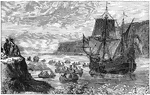 Henry Hudon's vessel the <em>Halve Maen</em> or Half Moon in the Hudson River when it was first discovered.