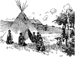 Scene of a group of Native Americans on a reservation.