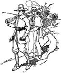 A man and woman in Puritan dress walking down a path.
