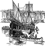 Henry Hudson's ship "Half Moon" on the Hudson River in New York.